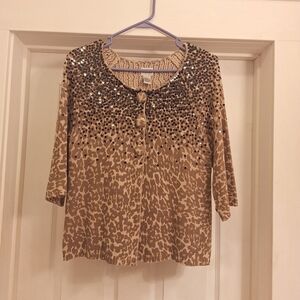 CHICOS Sequins metallic cheetah animal print button up sweater cardigan Size 1